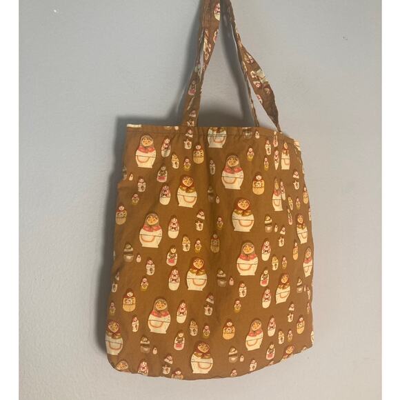 Vintage Handmade Cotton Tote Bag Nesting Dolls Brown Orange Reversible ~ Adorbs! - Picture 3 of 5
